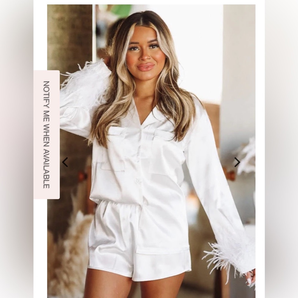 White satin two piece PJs with feather cuffs (Hazel and Olive) size Small